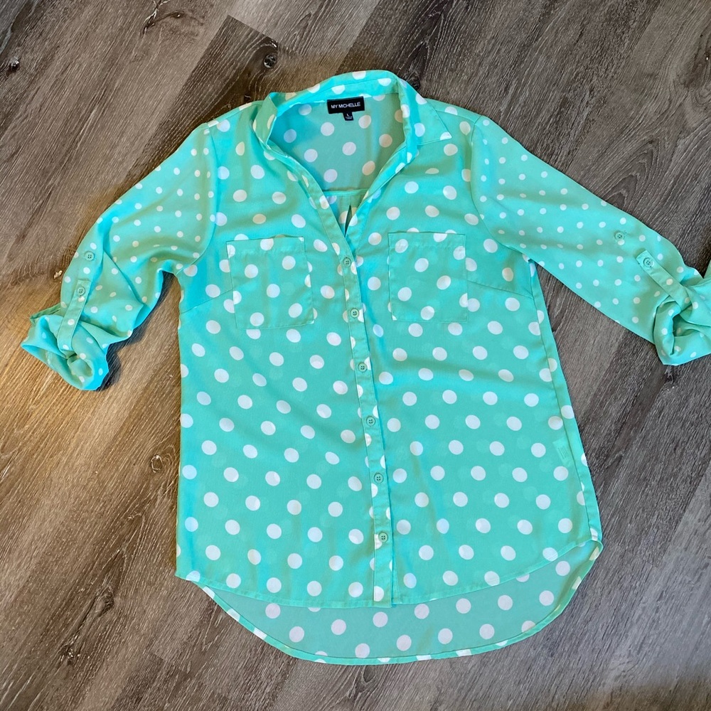 Women’s aqua polka dot dress top EUC